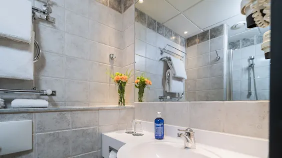 A bathroom sink holds a blue bottle labeled "MALIN + GOETZ," with glasses nearby. Towels hang on racks, and flowers are reflected in a large mirror, under bright lighting.