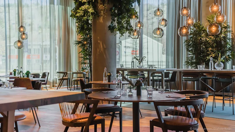Round tables set with glass bottles and glasses, surrounded by wooden chairs in a modern restaurant. Pendant lights with exposed bulbs hang above, and greenery accents the room.