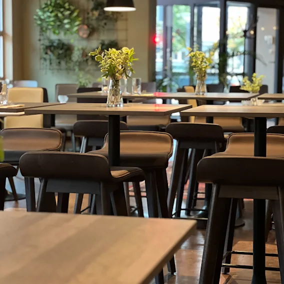 En modern hotellrestaurang eller bar med höga bord, pallar och gröna växter på väggen och borden.