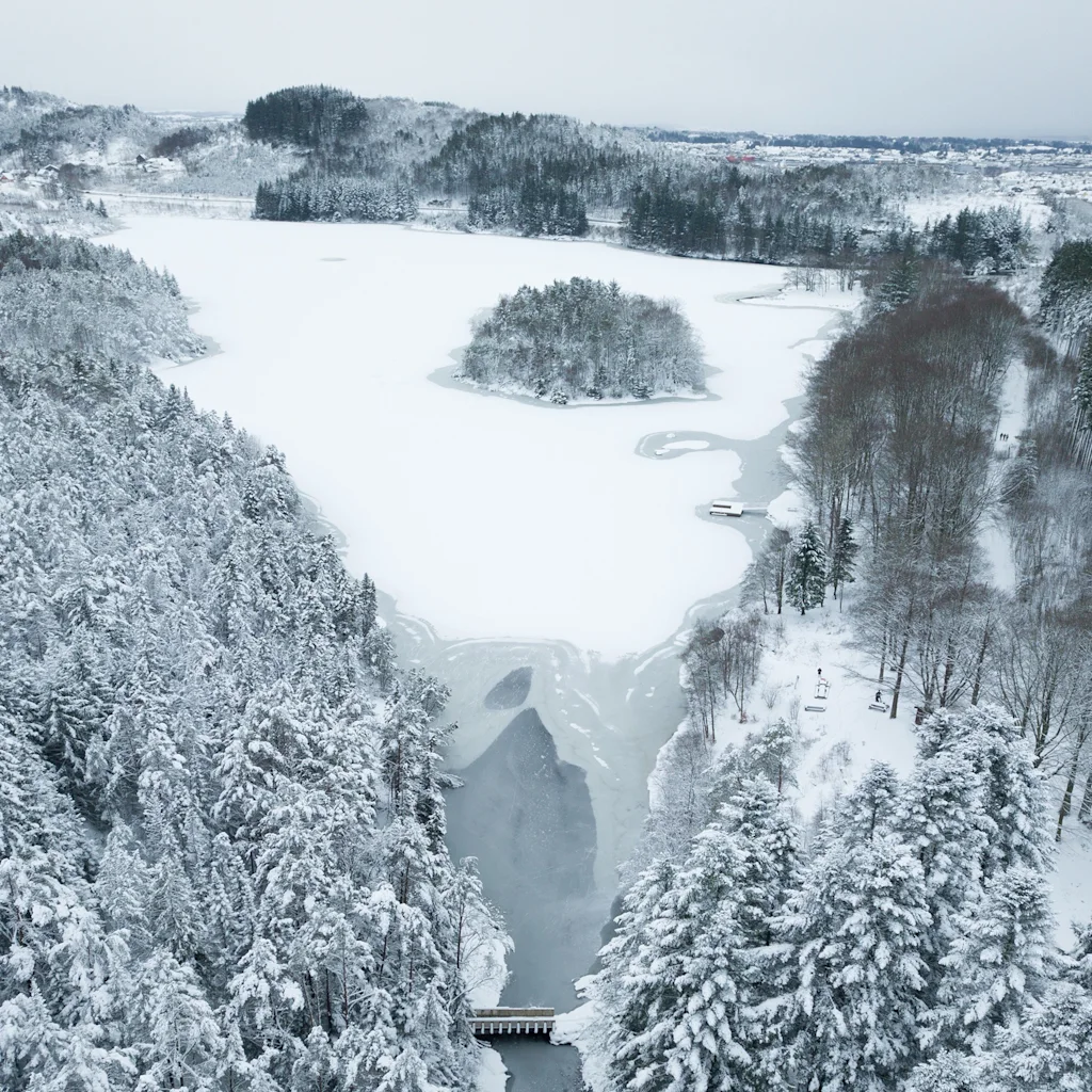 Ilmakuva rauhallisesta talvimaisemasta, jossa on jäätynyt järvi pienellä saarella, jota ympäröivät lumipeitteiset havupuut.