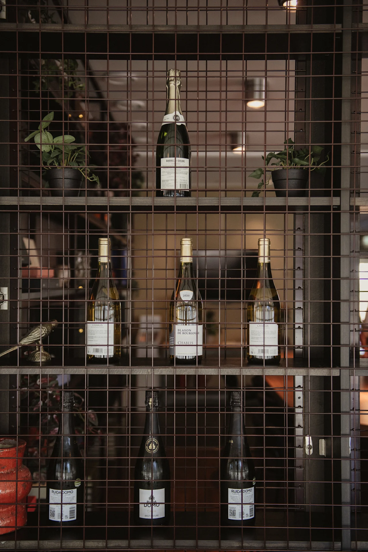 En stilren metallgallerhylla som visar upp olika flaskor vin och champagne, med etiketter som BARREL BRUNS, CHABLIS och RUIDADOMO.