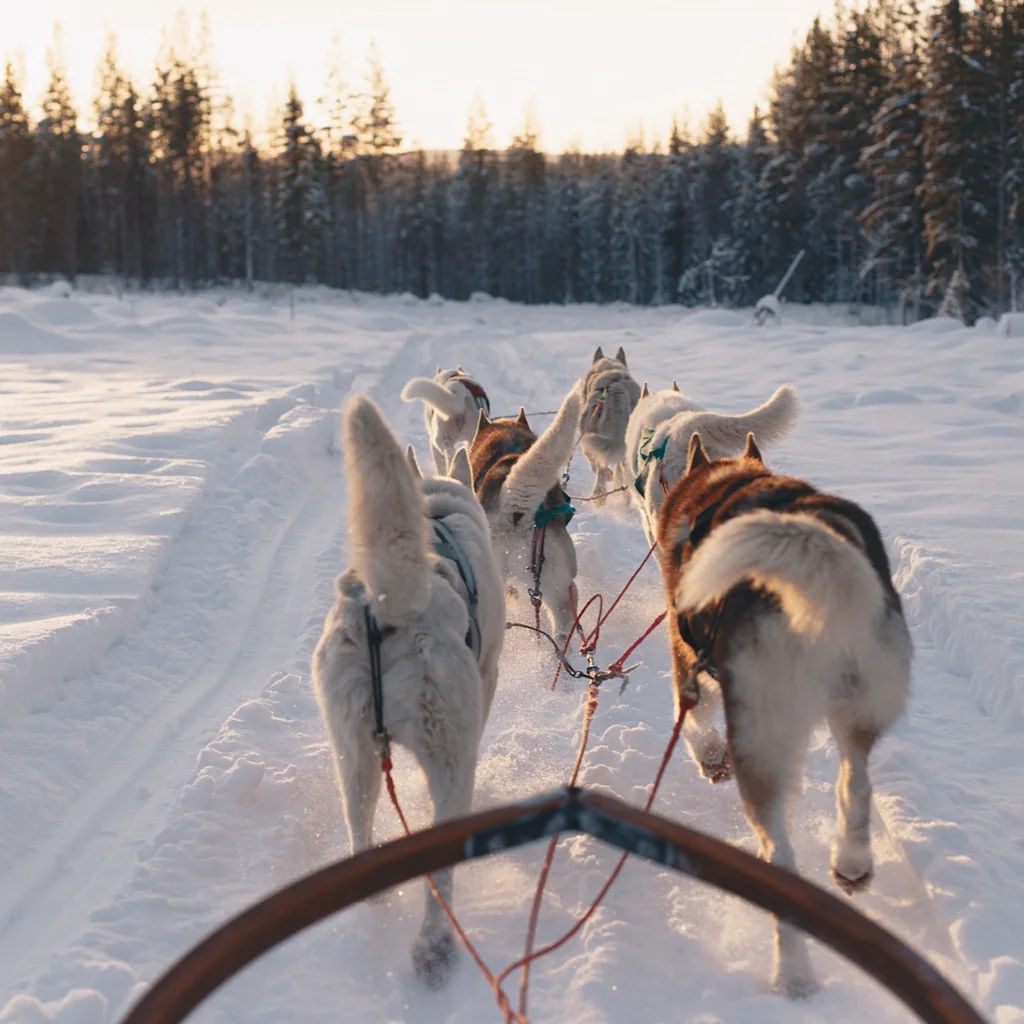 Husky-tiimi vetää rekeä lumipeitteisen metsän läpi auringonnousun tai -laskun aikaan, nähtynä reen näkökulmasta.