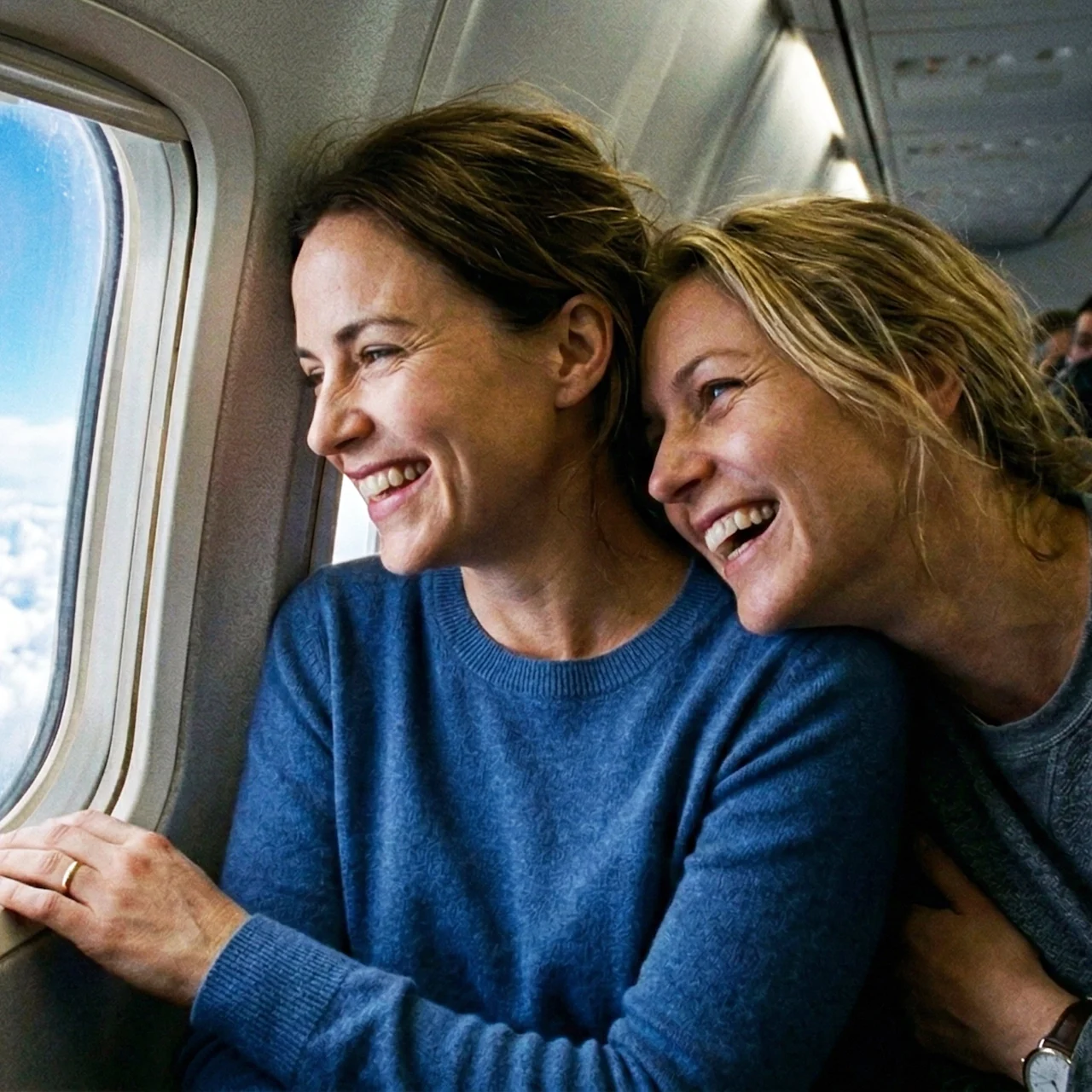 To glade personer ser ut av et flyvindu, nyter utsikten og hverandres selskap.