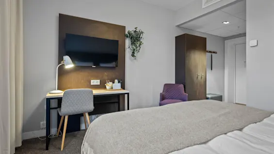 Ett mysigt hotellrum med en säng, en skrivbordsplats med TV och en fåtölj, som erbjuder en bekväm vistelse.