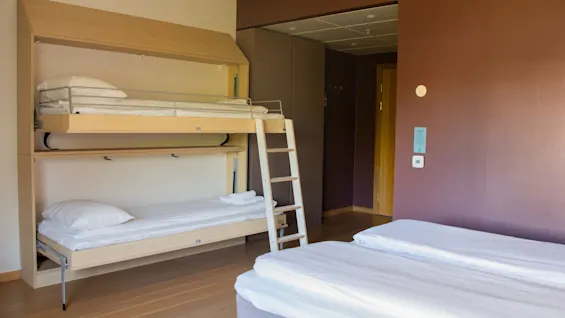 Bunk bed with ladder beside twin beds, all neatly made with white linens in a minimalist room. Wooden floors and brown wall create a warm atmosphere. No text present.