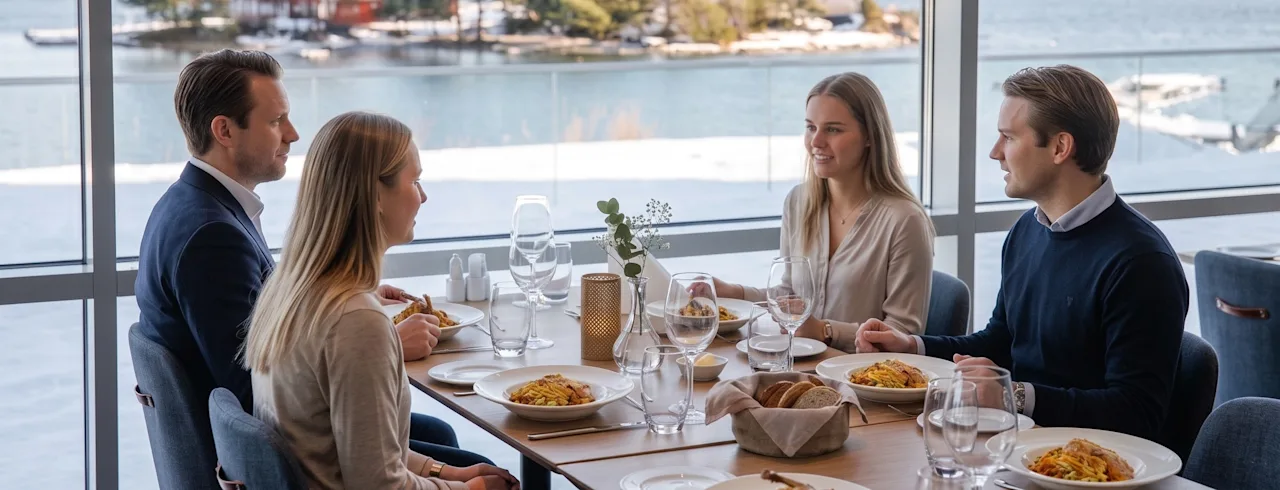 En gruppe mennesker, der spiser middag sammen ved et restaurantbord med smuk søudsigt.