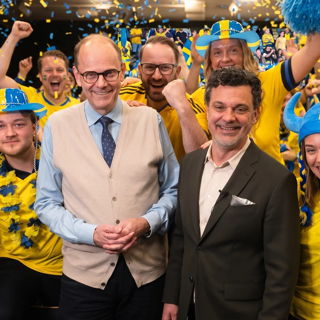 En grupp entusiastiska personer i gula och blå kläder firar med konfetti och pom-poms, två män ler i förgrunden.