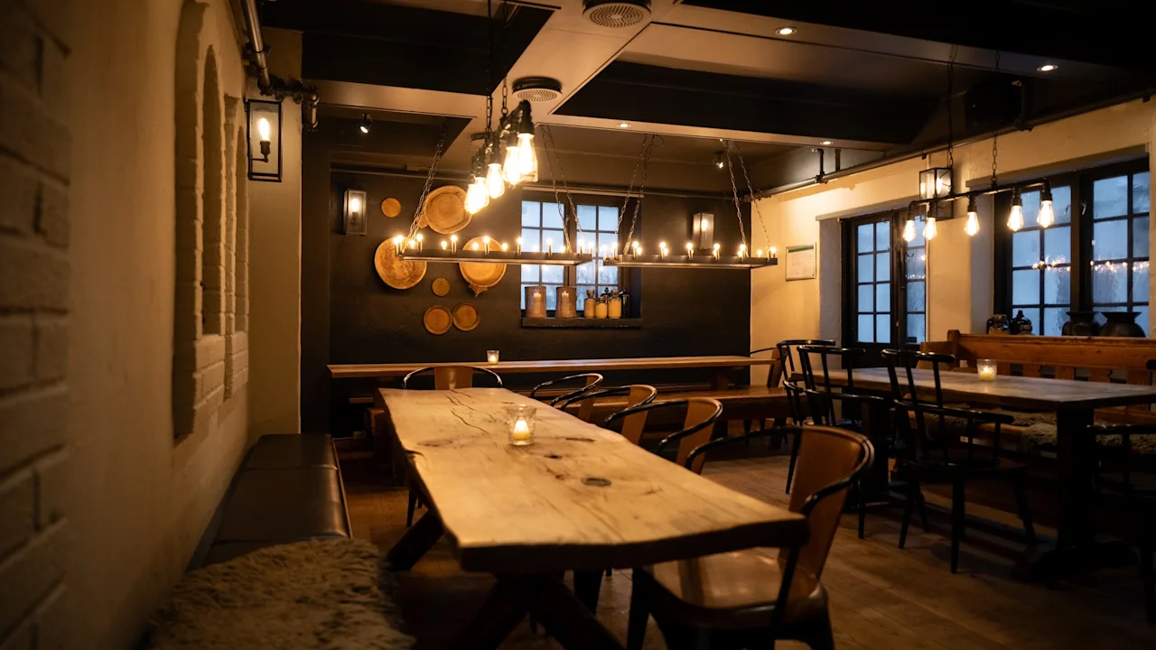 Et koselig, dempet opplyst spisestue med lange trebord og stoler, belyst av varme hengende lamper og stearinlys.