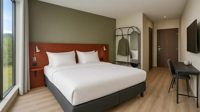 A modern hotel room with a comfortable bed, a large window offering a scenic view, and a functional workspace.