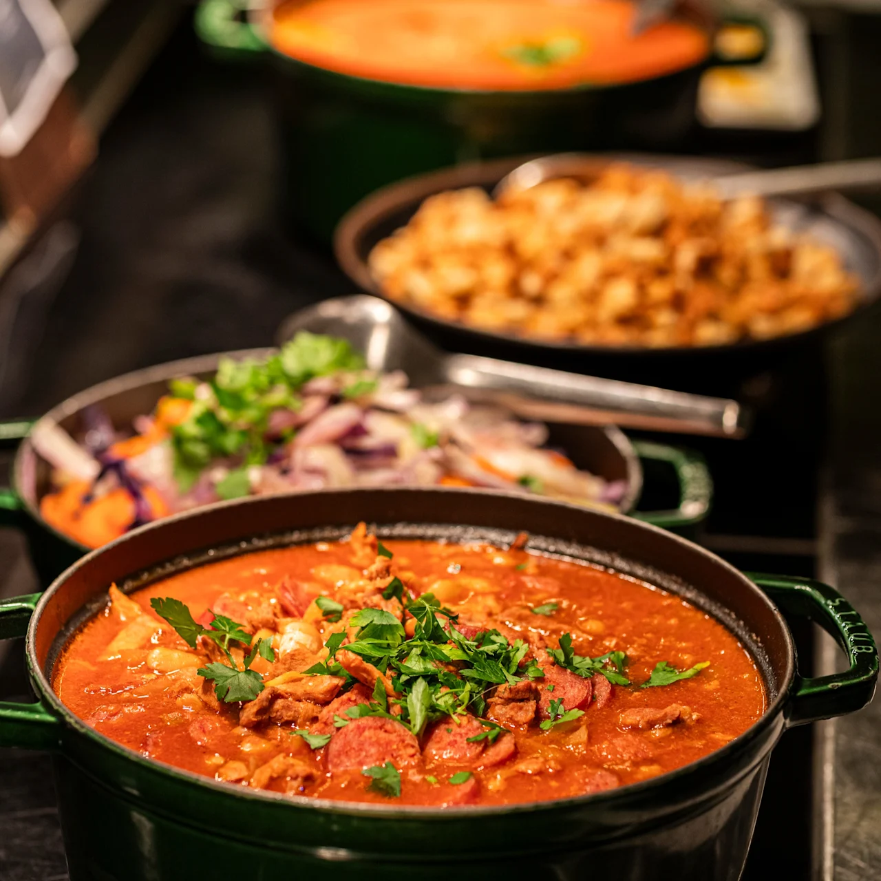 A pot filled with hearty stew containing sliced sausage and herbs. The stew sits on a counter, surrounded by additional pots with more food, creating a buffet setting.