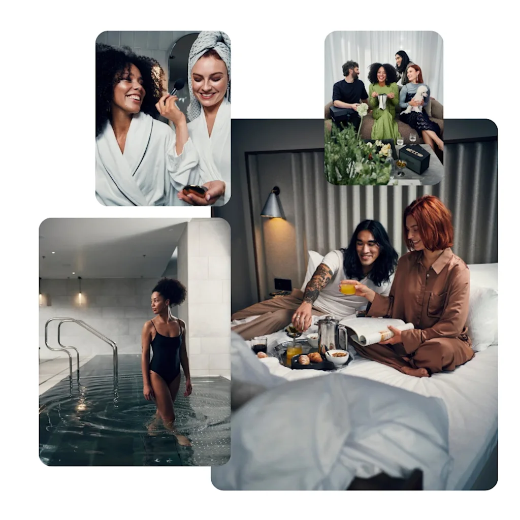 To personer griner i badekåber og holder hudplejeprodukter; venner sidder på en sofa; en person i badedragt går ind i en pool; kvinder nyder morgenmad i sengen.