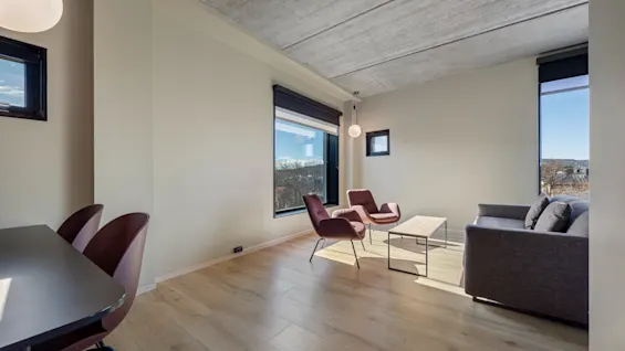 Deluxe rom på Comfort Hotel Porsgrunn med moderne innredning, lyse tregulv, en spiseplass og en stue med store vinduer.