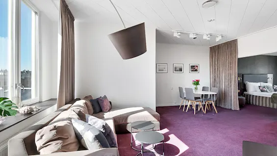 A modern living space with a sectional sofa, dining area, and a draped partition leading to a bed, under bright natural light.