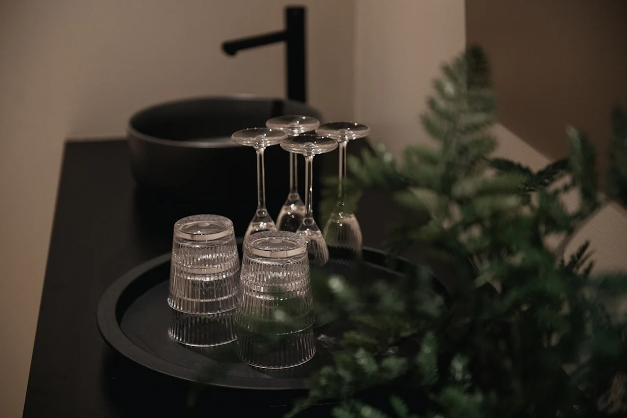A stylish setup at Home Hotel Uppsala with glasses on a tray, a modern sink, and a touch of greenery.