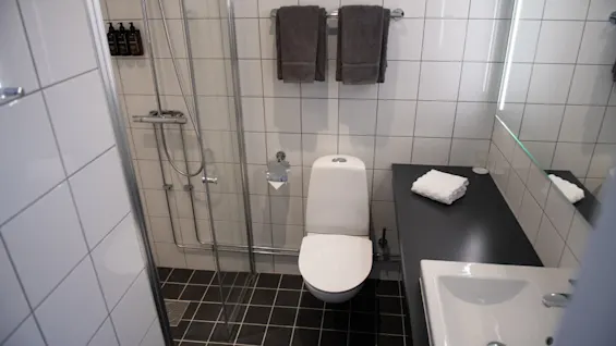 Toalett placerad centralt, mitt emot en dusch med glassvägg och kaklade väggar; intill en bänkskiva med vikta handdukar och spegel i ett modernt badrum.