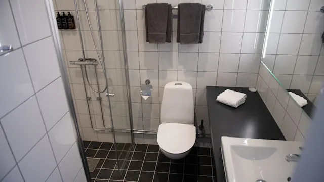 Toilet situated centrally, facing a glass shower and tiled walls; nearby, a countertop with folded towels and sink mirror, all within a modern bathroom setting.