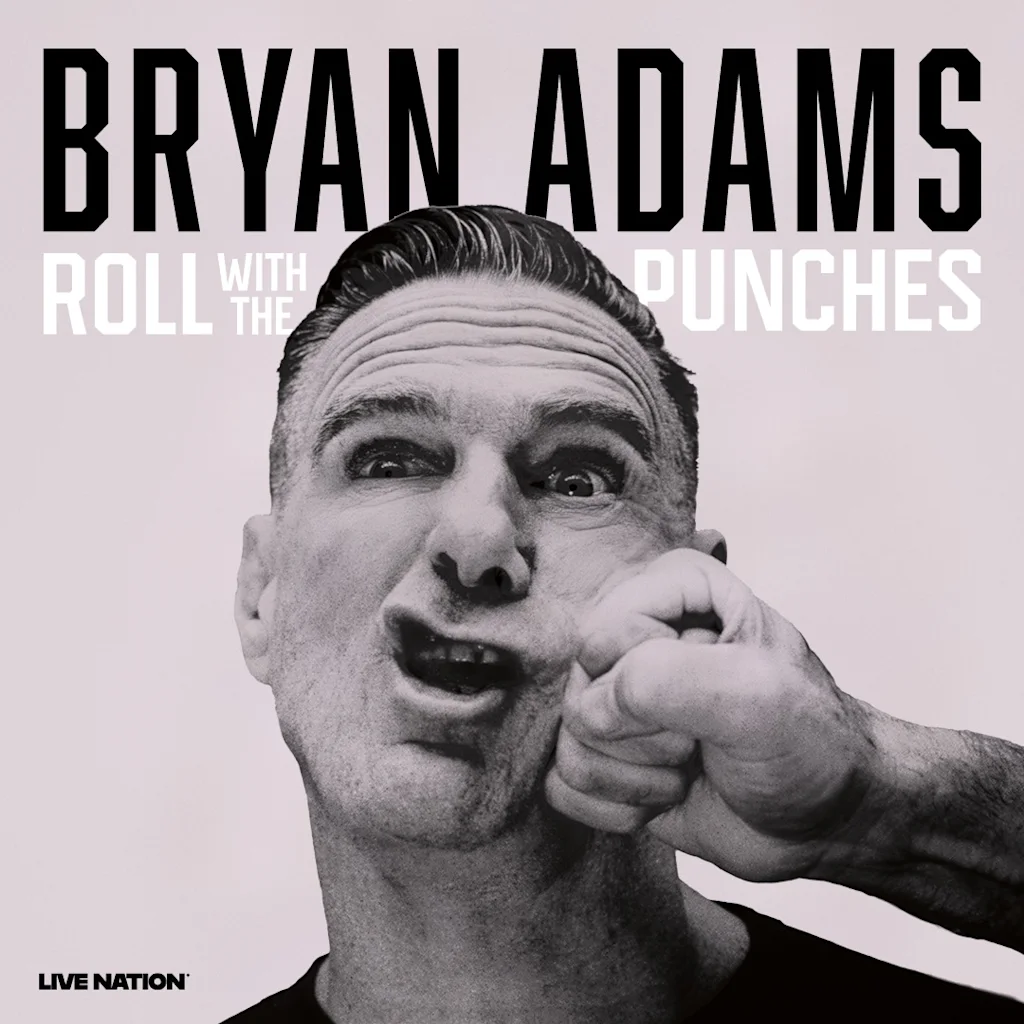 Man getting hit in the face by a fist with the text Bryan Adams Roll with the punches
