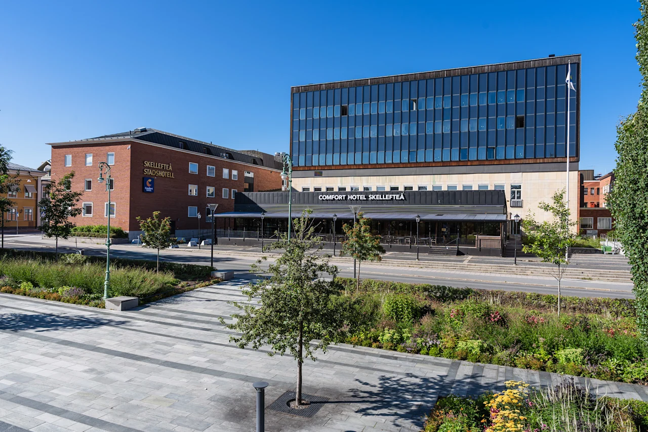 Modern hotel building in bright sunshine with a lush green park and paved walkway under a clear blue sky