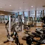 A gym with various exercise machines stands empty. The space is well-lit with large windows, reflecting a clean and organized environment. Text: "Gym|Sport".