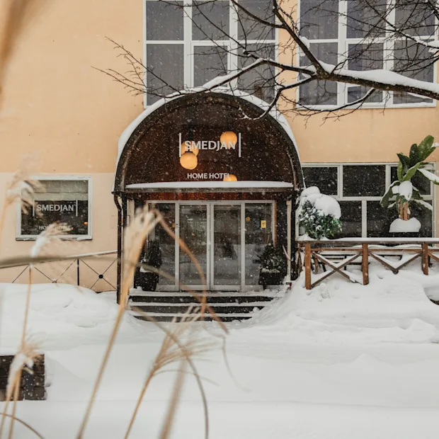 En snöig vinterscen utanför en hotellentré med en 'HOME HOTEL'-skylt. Snö täcker marken och träden.