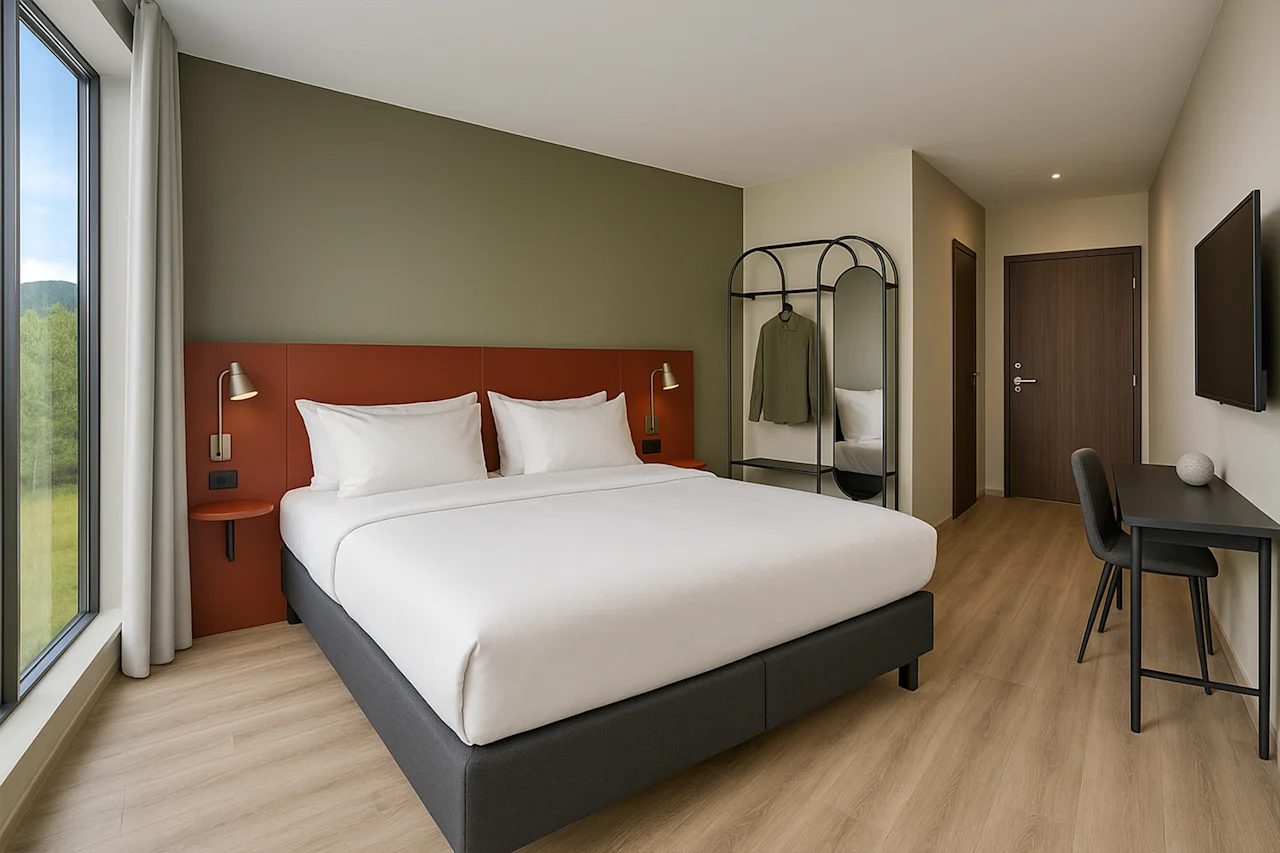 Et moderne hotelværelse med en komfortabel seng, et stort vindue med naturskøn udsigt og en funktionel arbejdsplads.