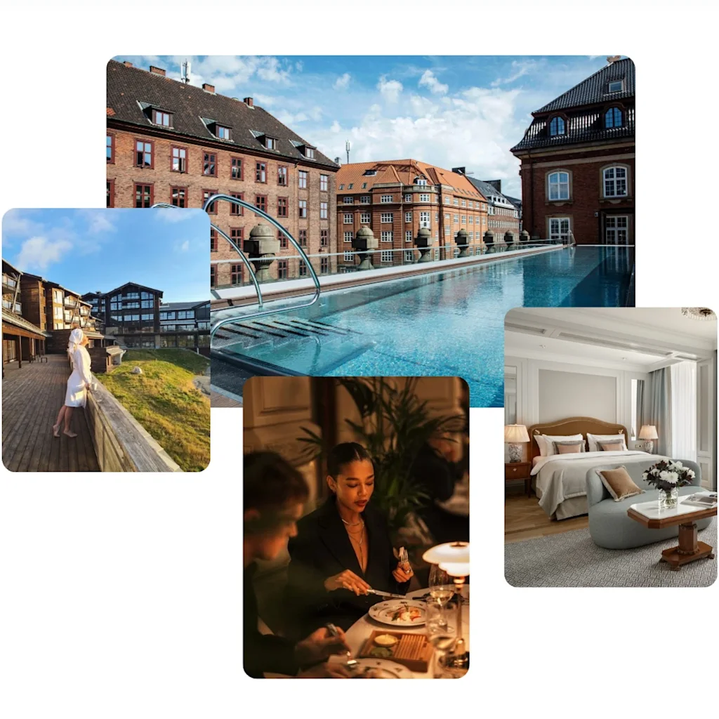 En kollage av hotellupplevelser: en takpool, en person som njuter av utsikten, fin middag och ett lyxigt rum.