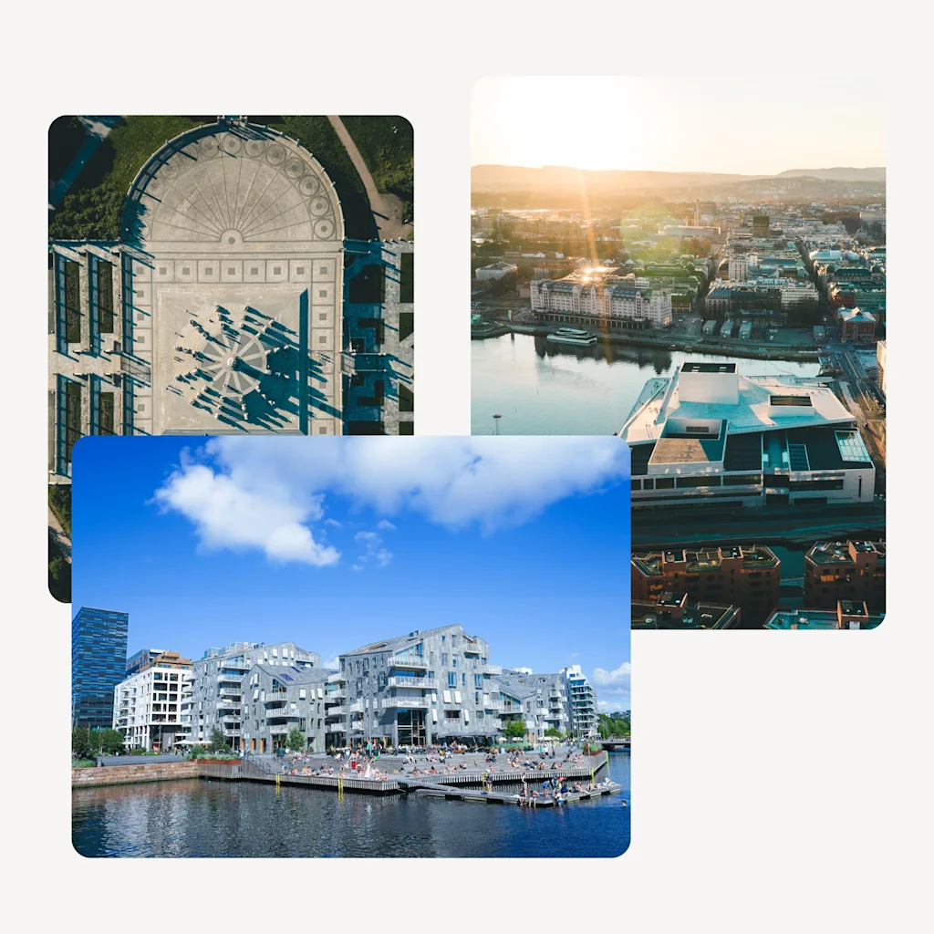 Kollasj av bylandskap: fugleperspektiv over plass, solnedgang over by og vann, og folk som slapper av ved moderne vannkant.