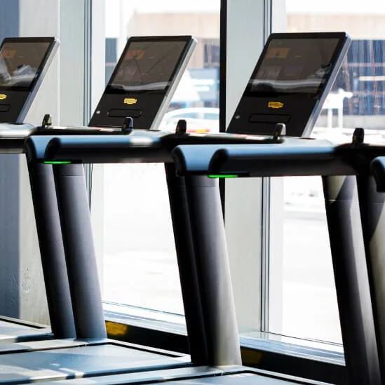 Treadmills stand idle in a gym next to large windows. Sunlight partially illuminates the exercise machines, showcasing digital screens and control panels.