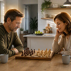 Husband and wife playing chess in the kitchen