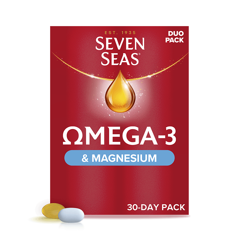 Seven Seas Omega-3 & Magnesium 30 packshot and capsule + tablet