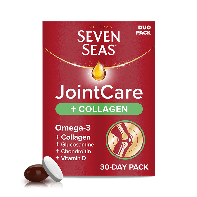 Seven Seas Jointcare + Collagen 30 packshot and capsule + tablet