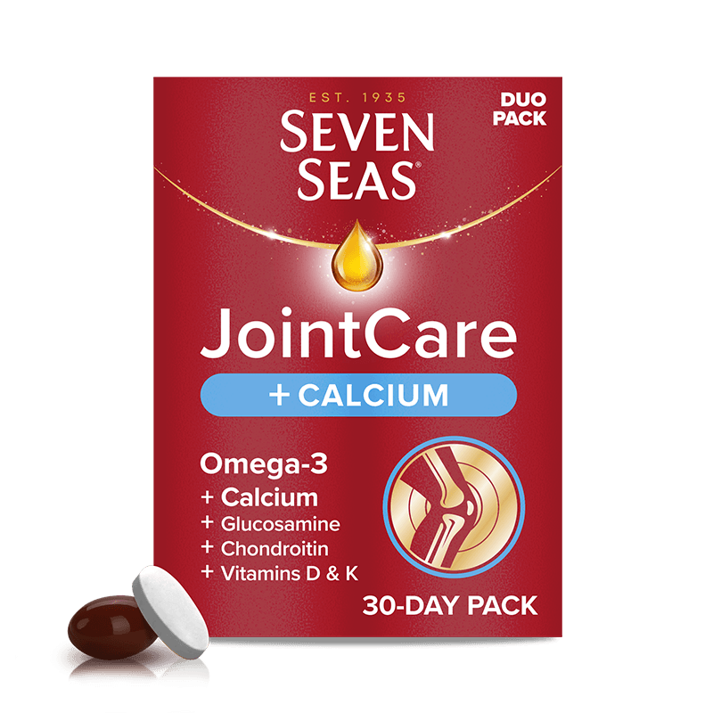 Seven Seas JointCare + CALCIUM 30 packshot and capsule + tablet