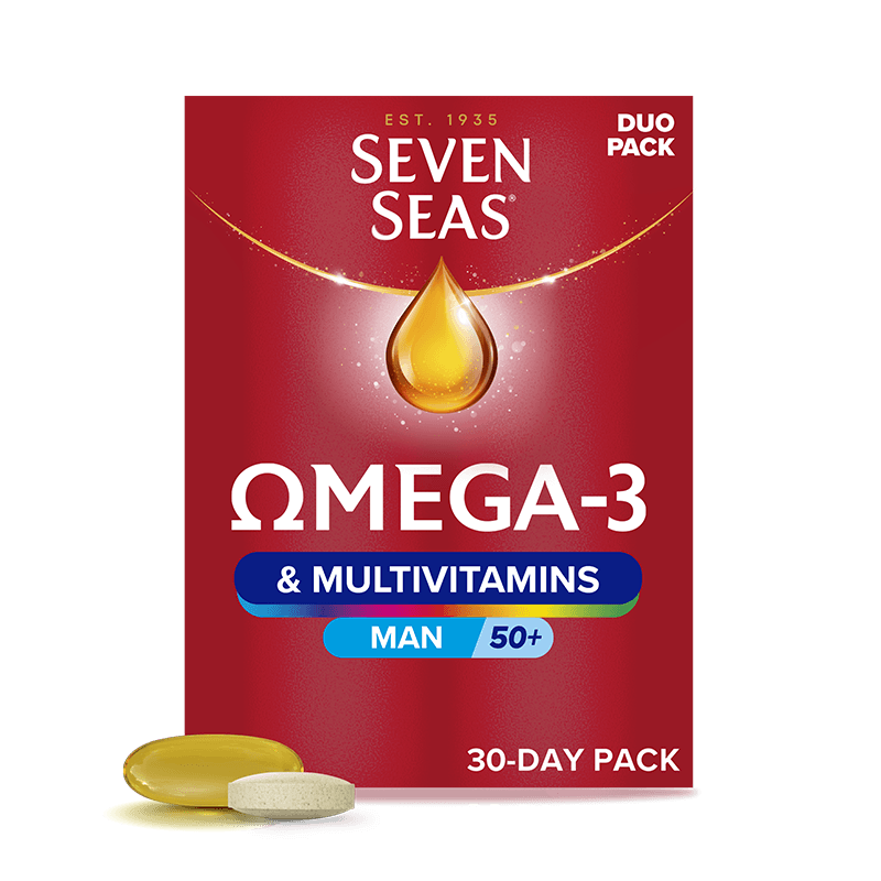 Seven Seas Omega-3 & Multivitamins Man 50+ 30 packshot and capsule + tablet