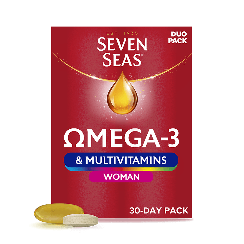 Seven Seas Omega-3 & Multivitamins Woman 30 packshot and capsule + tablet