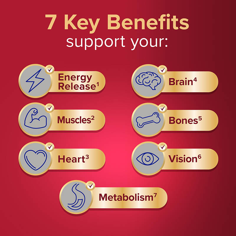 7 key benefits support your: energy release, muscles, heart, brain, bones, vision, metabolism