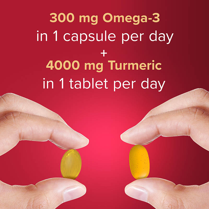 300 mg Omega-3 in 1 capsule per day + 4000 mg turmeric in 1 tablet per day