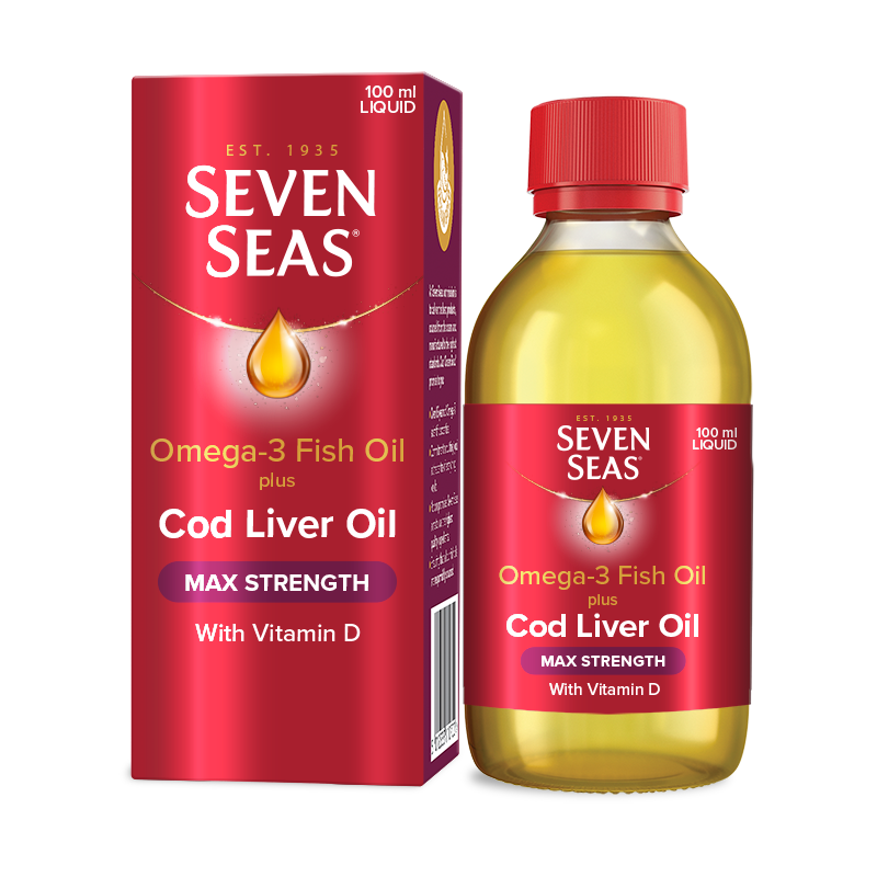 Seven Seas Omega-3 fish oil plus Cod Liver Oil Max Strength 100ml packshot and bottle