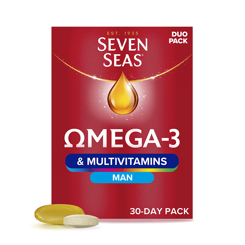 Seven Seas Omega-3 & Multivitamins Man 30 packshot and capsule + tablet