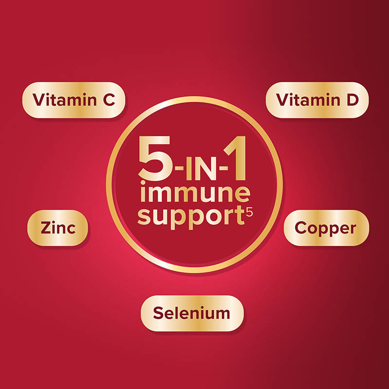 5 in 1 immune support: Vitamin C, Vitamin D, Zink, Copper, Selenium