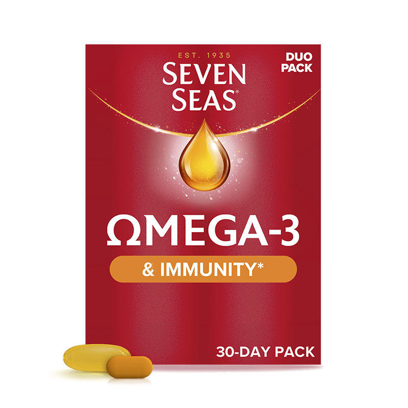 Seven Seas Omega-3 & Immunity 60 packshot and capsule + tablet