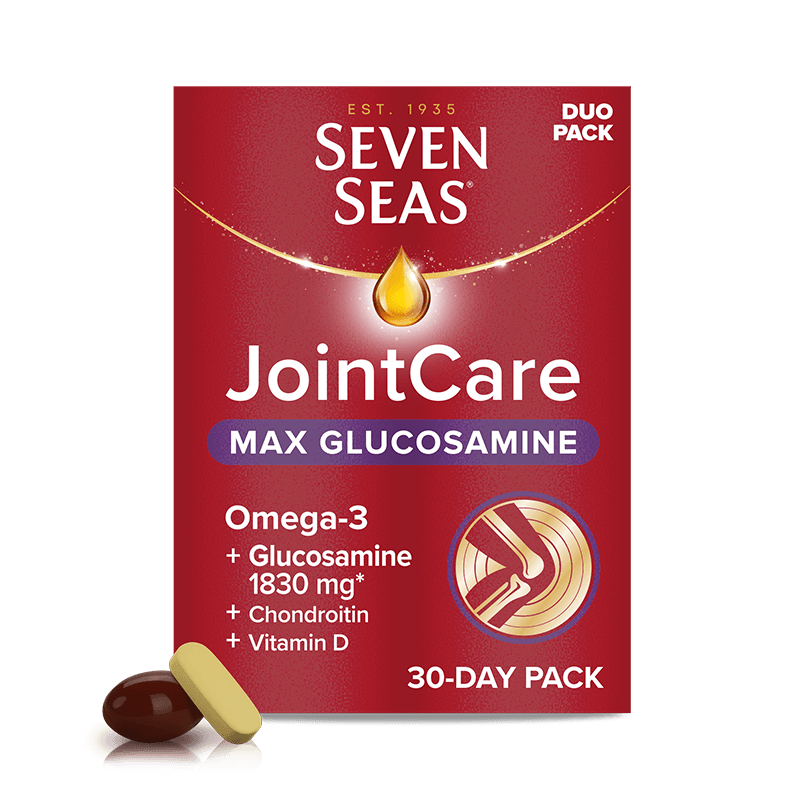 Seven Seas JointCare MAX GLUCOSAMINE 30 packshot and capsule + tablet