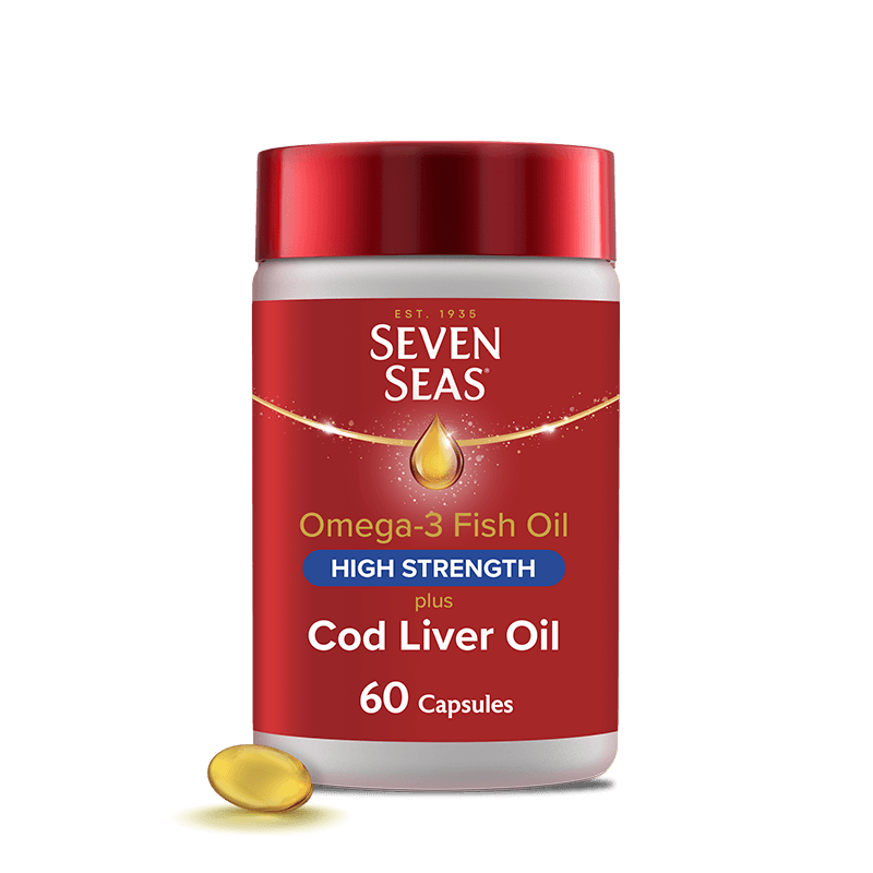 Seven Seas Omega-3 fish oil high strength plus Cod Liver Oil 60 packshot and capsule