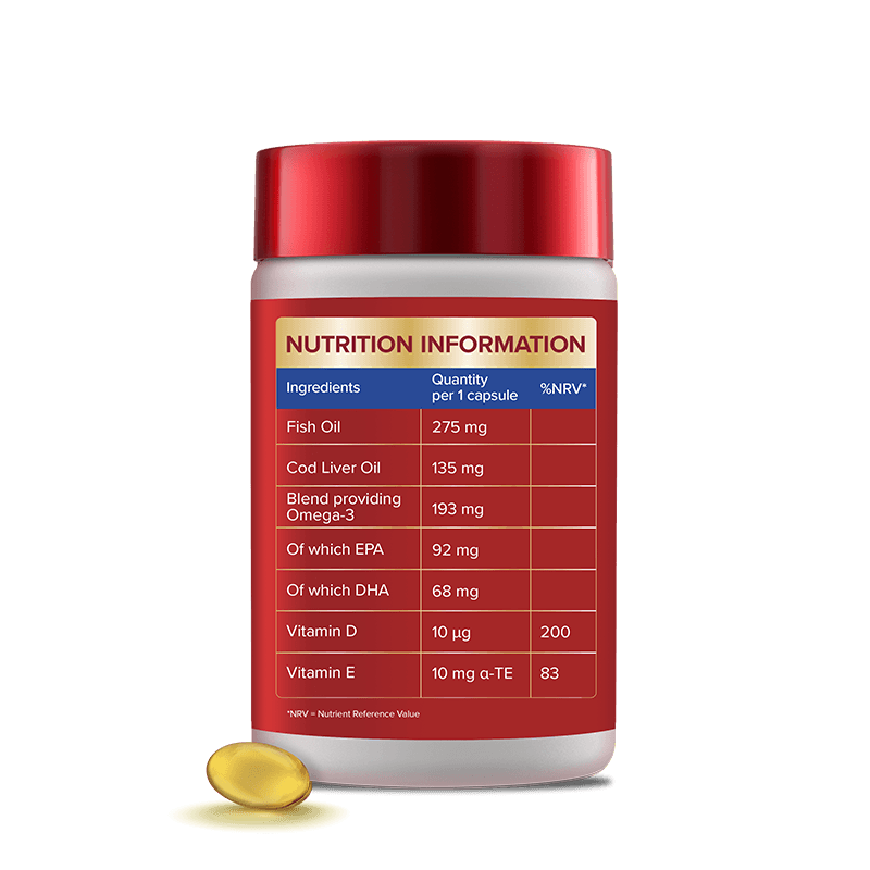 Seven Seas Omega-3 fish oil high strength plus Cod Liver Oil 60 back packshot and capsule