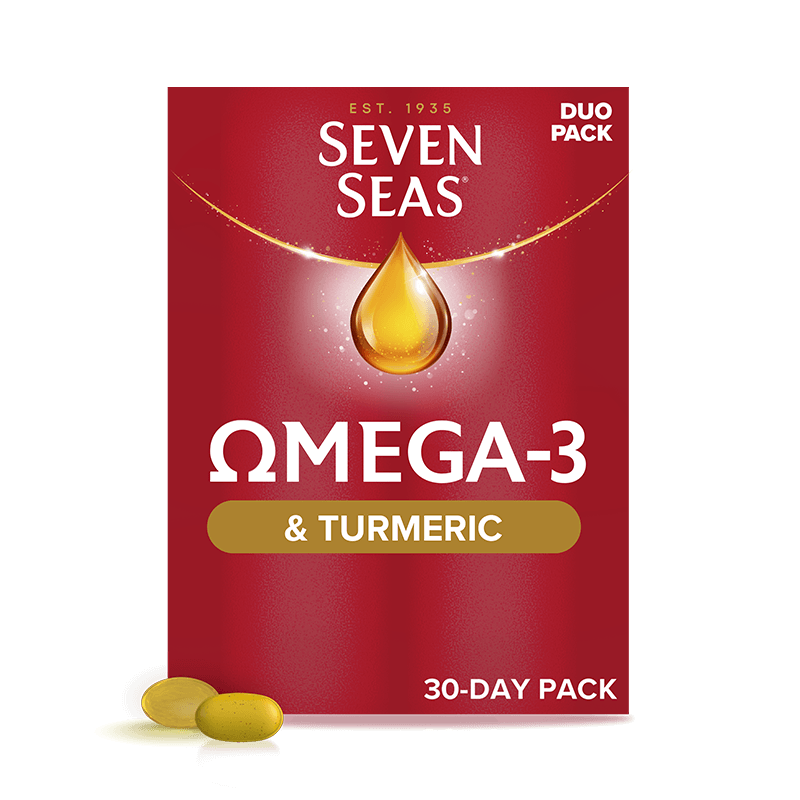 Seven Seas Omega-3 & Turmeric 30 packshot and capsule + tablet
