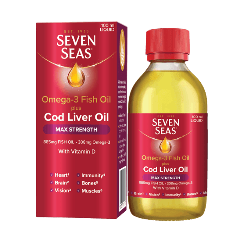 Seven Seas Omega-3 fish oil plus Cod Liver Oil Max Strength 100ml packshot and bottle