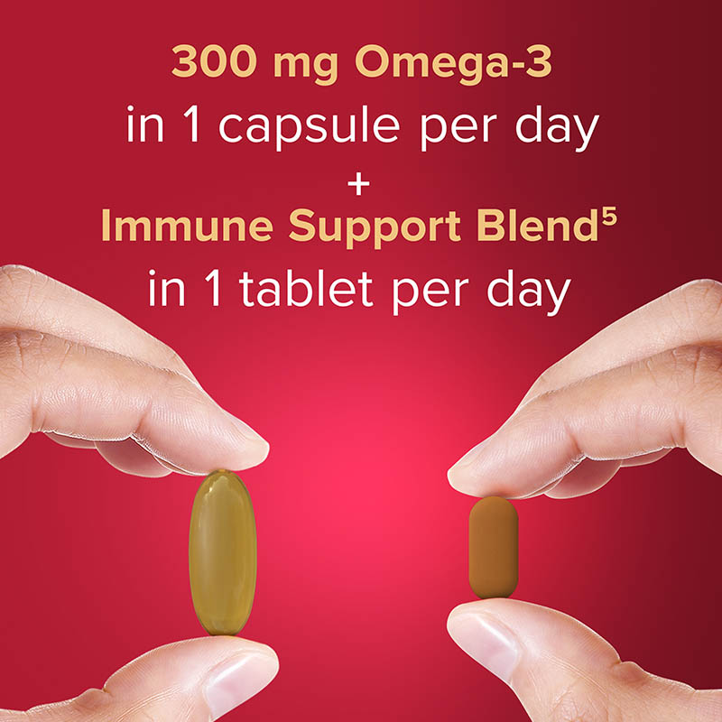 300 mg Omega-3 in 1 capsule per day + Immune support blend in 1 tablet per day