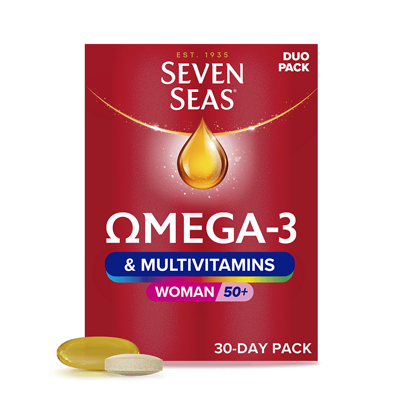Seven Seas Omega-3 & Multivitamins Woman 50+ 30 packshot and capsule + tablet