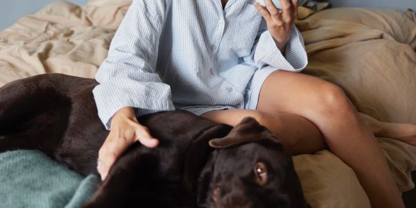 Kvinna sitter i sängen och klappar på sin hund som ligger ned bredvid.