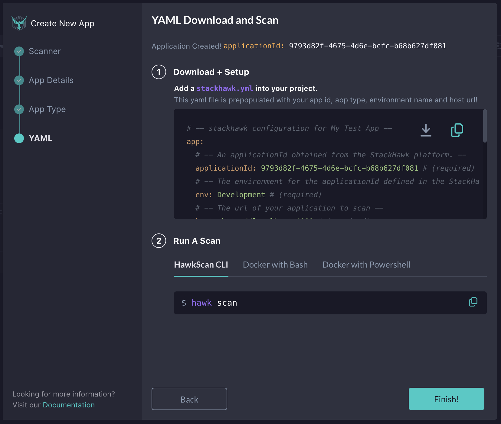 StackHawk app creation wizard - YAML Download and Scan image