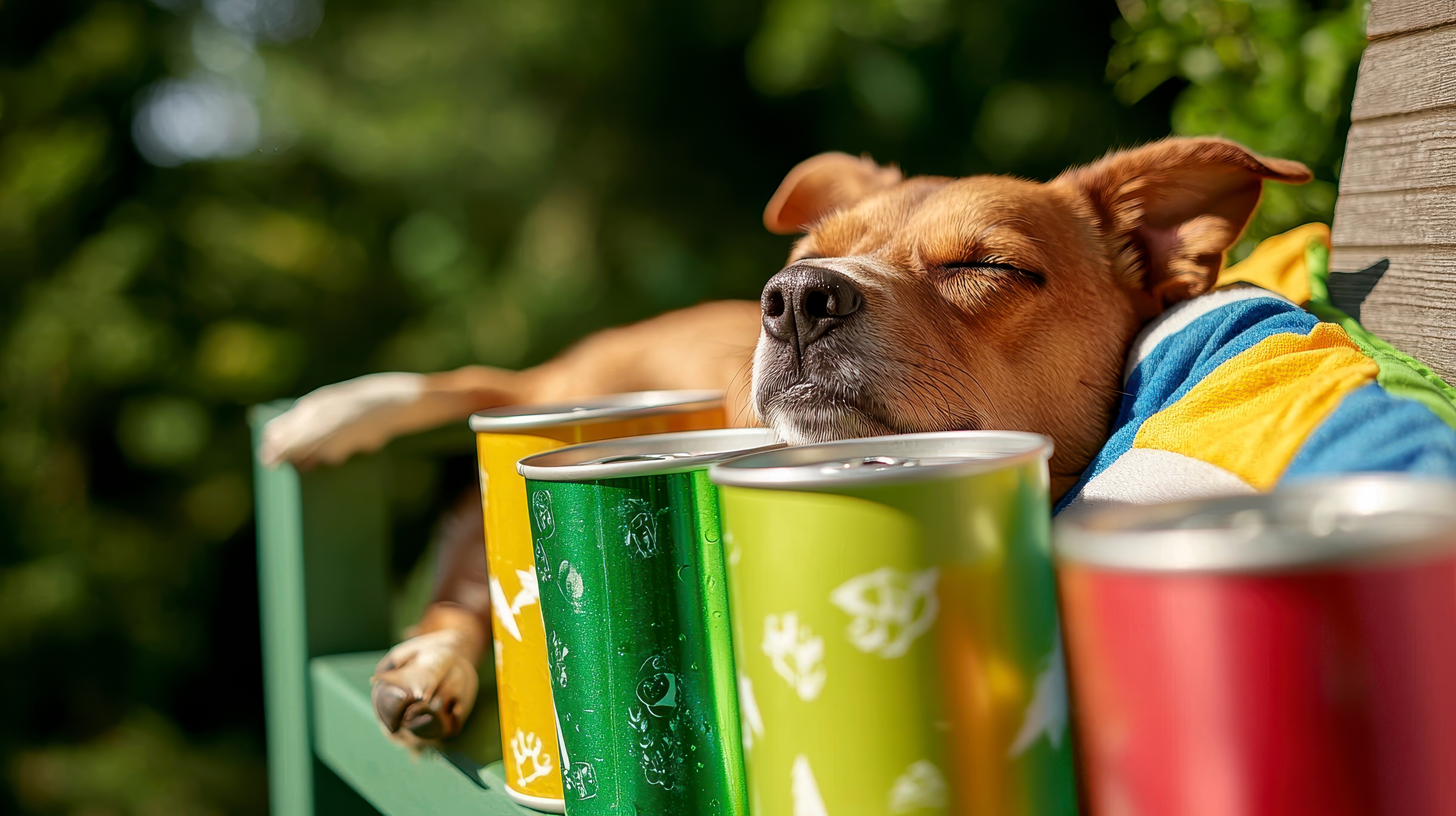 A tan mixed-breed dog dozes peacefully on a mint green lounge chair, resting its chin near a row of ice-cold, condensation-covered cans in vibrant yellow, green, and red.  This clever canine has found the perfect spot to beat the heat, but the image serves as an important reminder about dog overheating and the dangers warm weather poses to our four-legged friends.